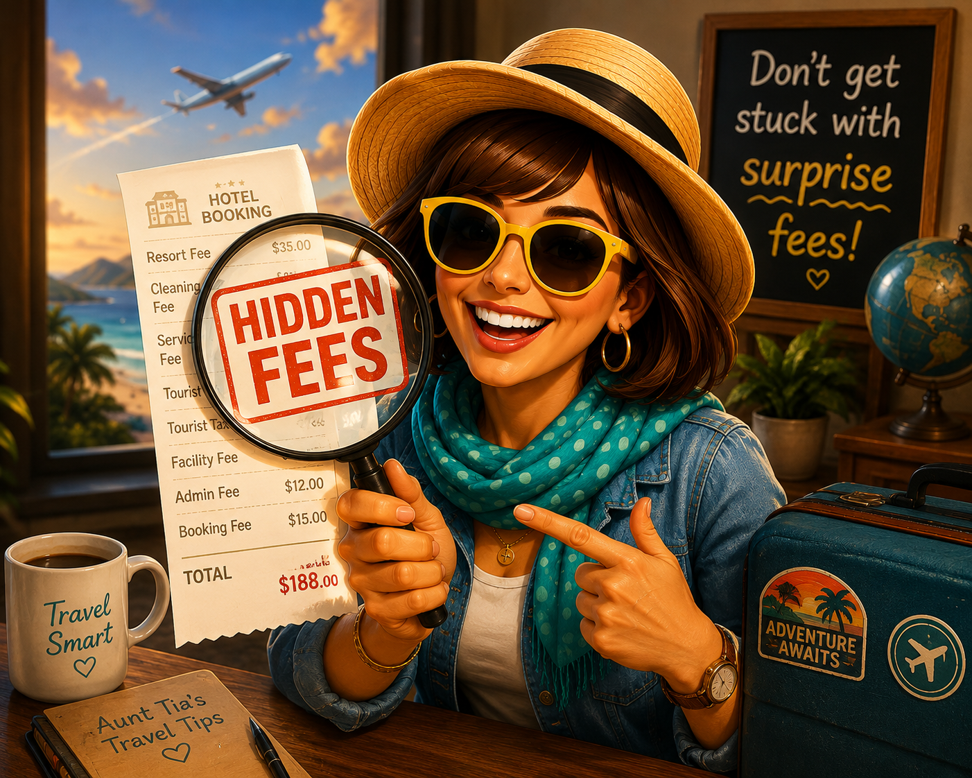 Aunt Tia holding a magnifying glass over a hotel bill covered in hidden fees