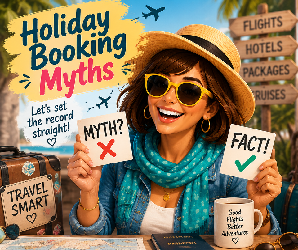 Aunt Tia holding Myth and Fact cards, ready to set the record straight on holiday flight booking