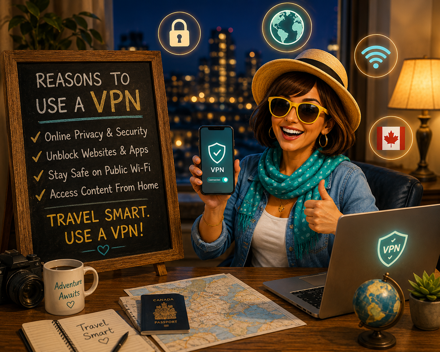 Aunt Tia holding a phone showing a VPN app connected, in front of a chalkboard reading reasons to use a VPN